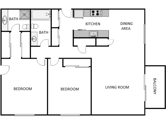 Floor plan for 2 beds, 2 baths, 1280 sqft